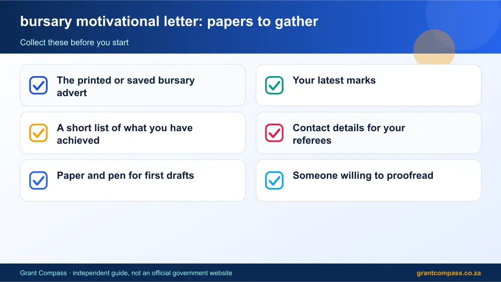 bursary motivational letter required papers tick list infographic – bursary motivational letter South Africa 2026