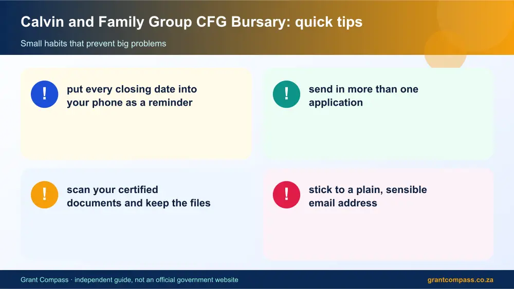 Calvin and Family Group CFG Bursary quick tips cards infographic – calvin and family group cfg bursary South Africa 2026