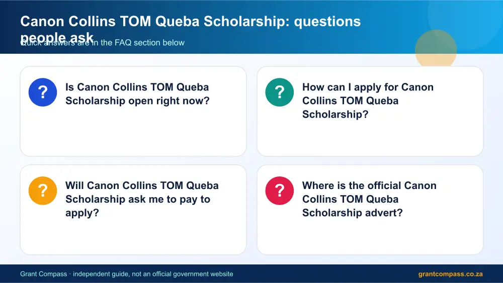 Canon Collins TOM Queba Scholarship common questions answered infographic – canon collins tom queba scholarship bursary South Africa 2026
