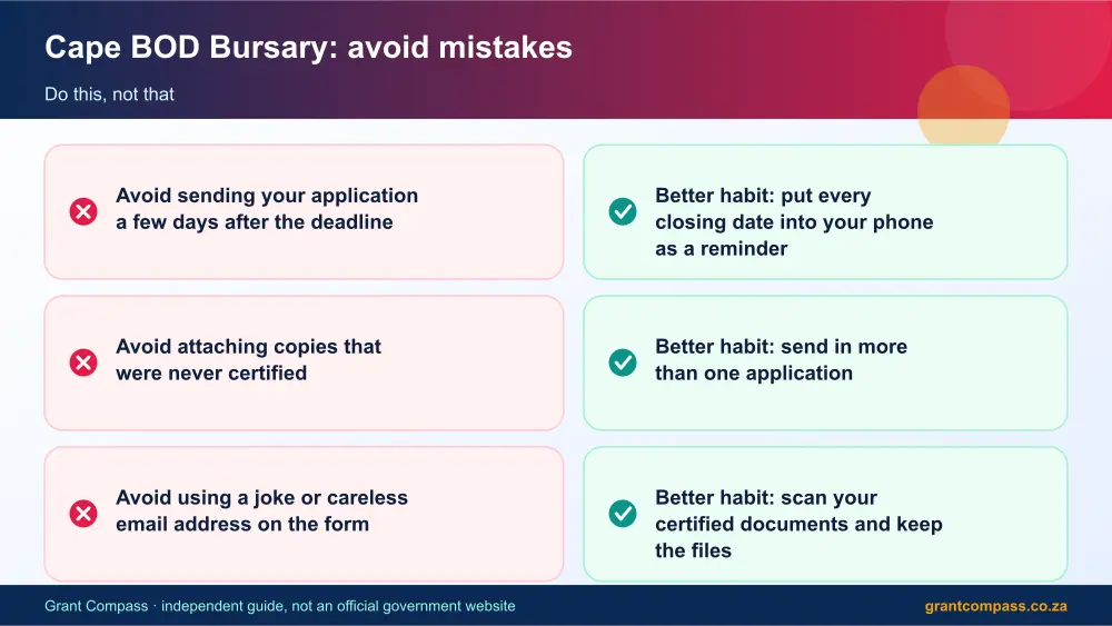 Cape BOD Bursary mistakes to avoid and tips infographic – cape bod bursary South Africa 2026