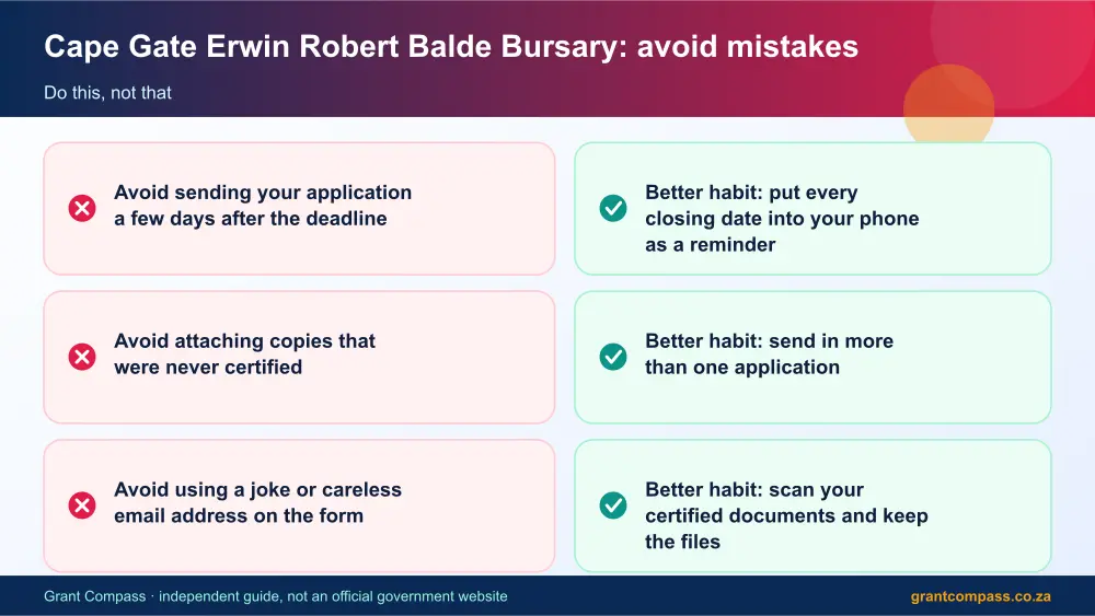 Cape Gate Erwin Robert Balde Bursary mistakes to avoid and tips infographic – cape gate erwin robert balde bursary South Africa 2026