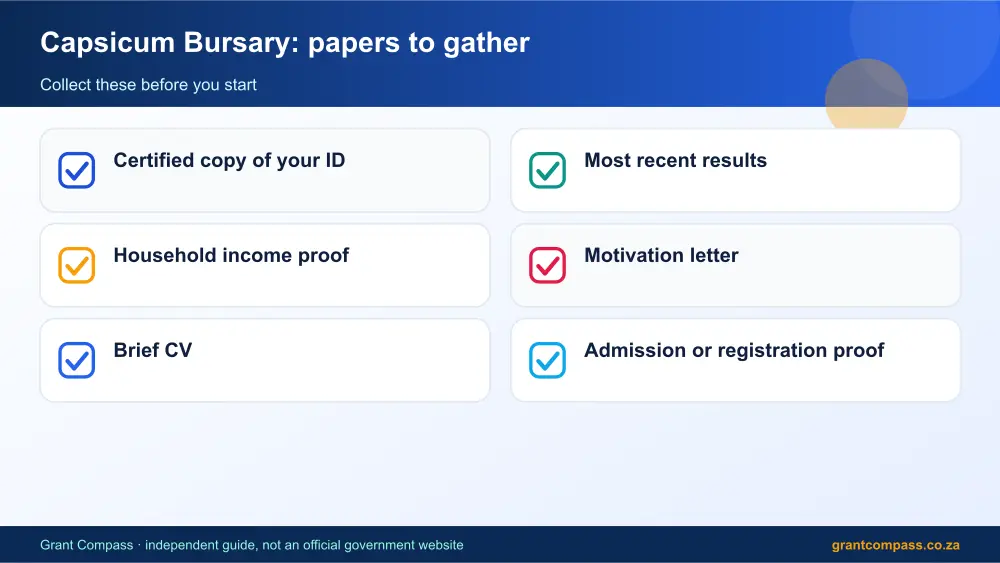 Capsicum Bursary required papers tick list infographic – bursaries for culinary school South Africa 2026