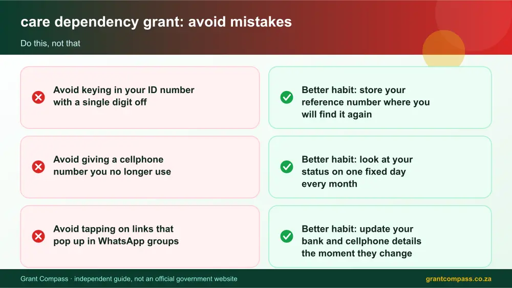 care dependency grant mistakes to avoid and tips infographic – care dependency grant South Africa 2026