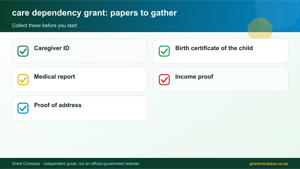 care dependency grant required papers tick list infographic – care dependency grant South Africa 2026
