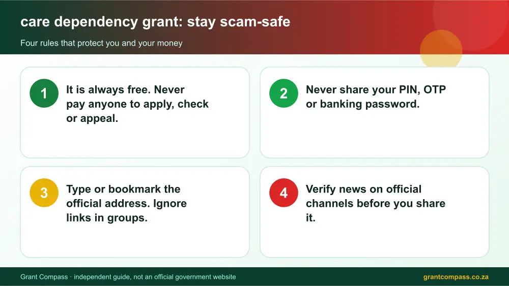 care dependency grant stay safe from scams infographic – care dependency grant South Africa 2026