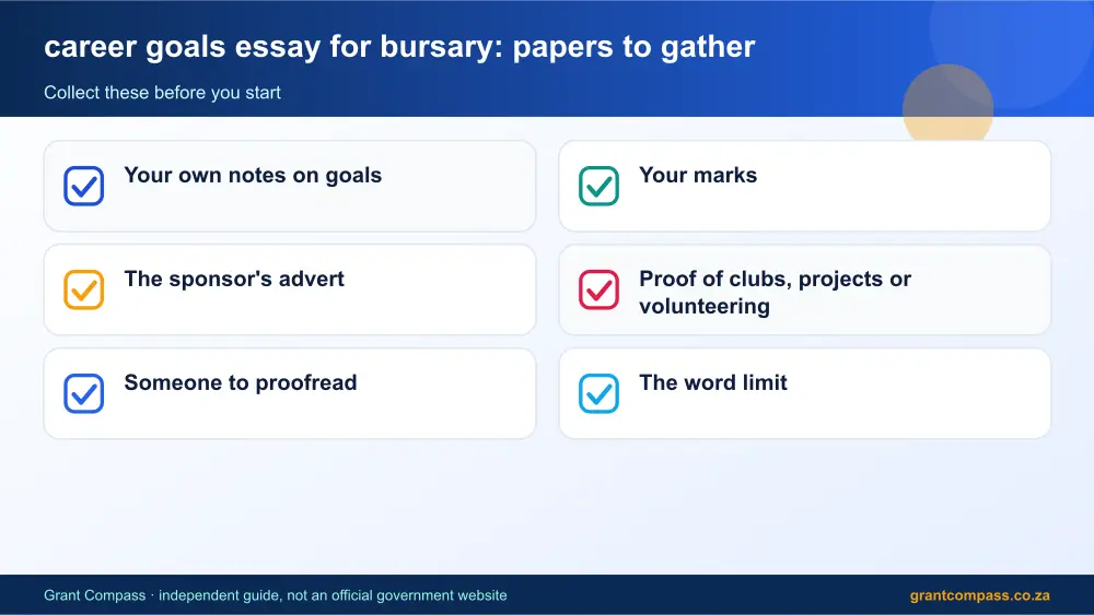 career goals essay for bursary required papers tick list infographic – career goals essay for bursary South Africa 2026