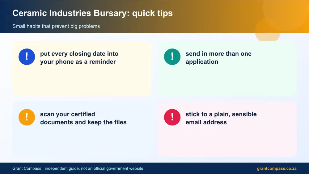 Ceramic Industries Bursary quick tips cards infographic – ceramic industries bursary South Africa 2026