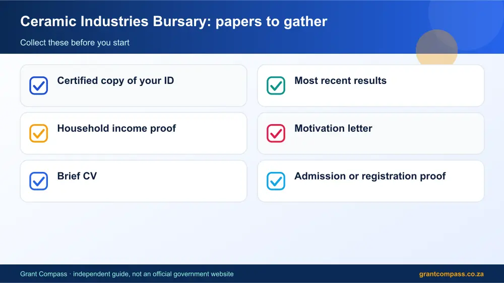 Ceramic Industries Bursary required papers tick list infographic – ceramic industries bursary South Africa 2026