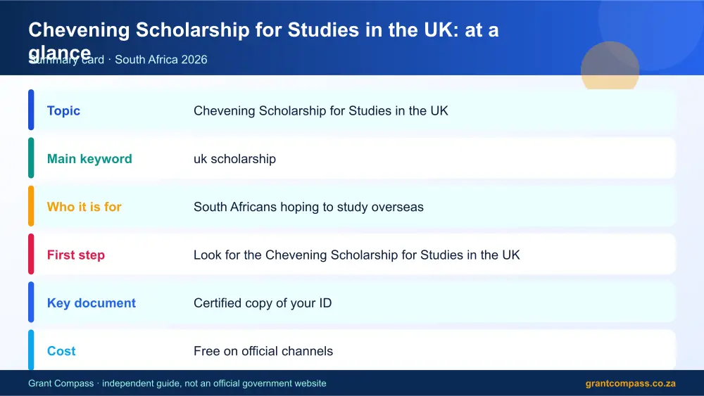 Chevening Scholarship for Studies in the UK at a glance summary infographic – uk scholarship South Africa 2026