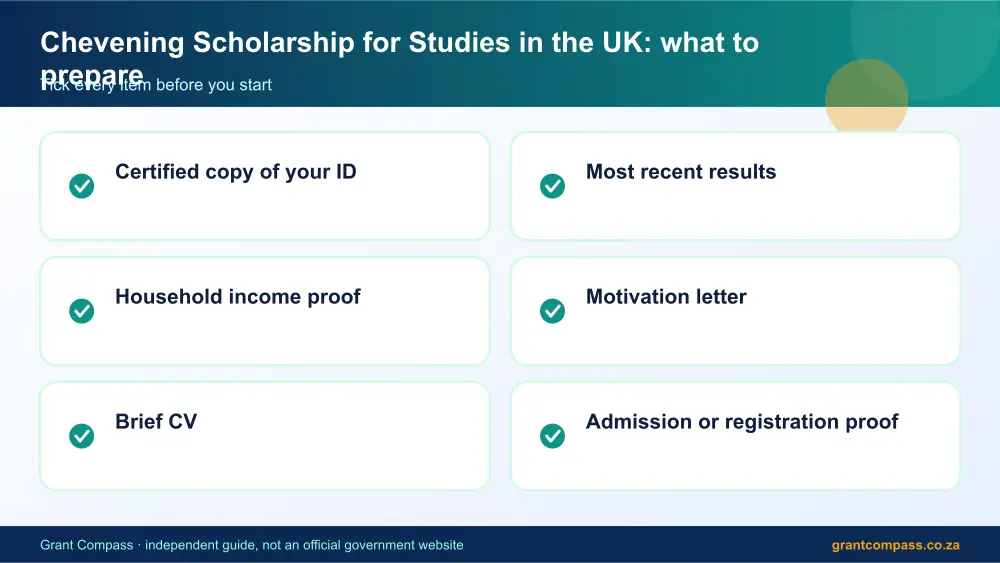 Chevening Scholarship for Studies in the UK documents checklist infographic – uk scholarship South Africa 2026