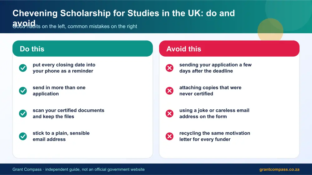 Chevening Scholarship for Studies in the UK dos and donts infographic – uk scholarship South Africa 2026