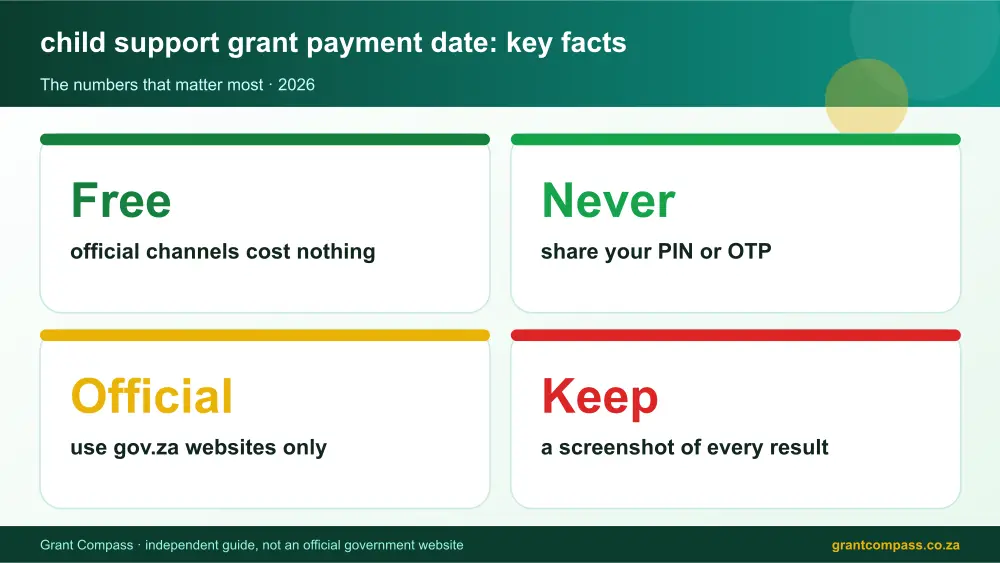 child support grant payment date key facts at a glance infographic – child support grant payment date South Africa 2026