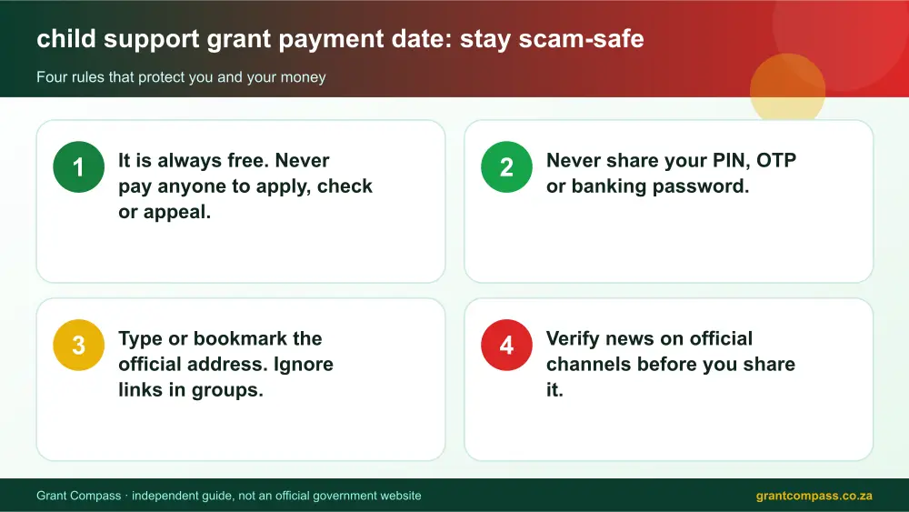 child support grant payment date stay safe from scams infographic – child support grant payment date South Africa 2026