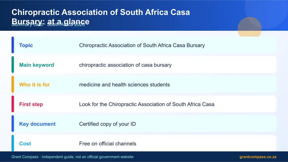 Chiropractic Association of South Africa Casa Bursary at a glance summary infographic – chiropractic association of casa bursary South Africa 2026