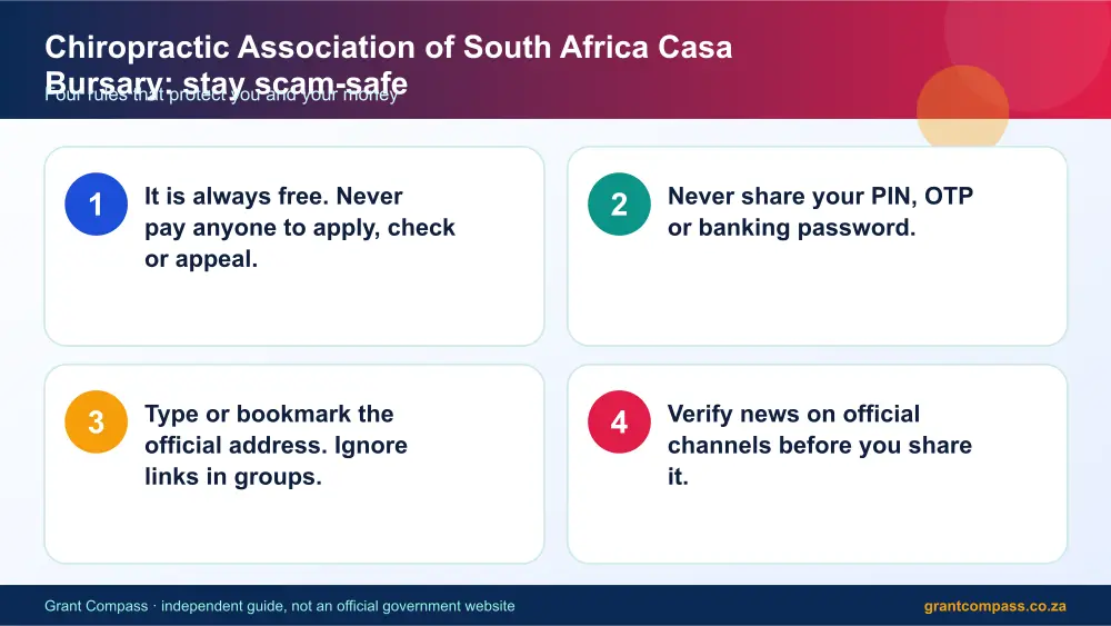 Chiropractic Association of South Africa Casa Bursary stay safe from scams infographic – chiropractic association of casa bursary South Africa 2026