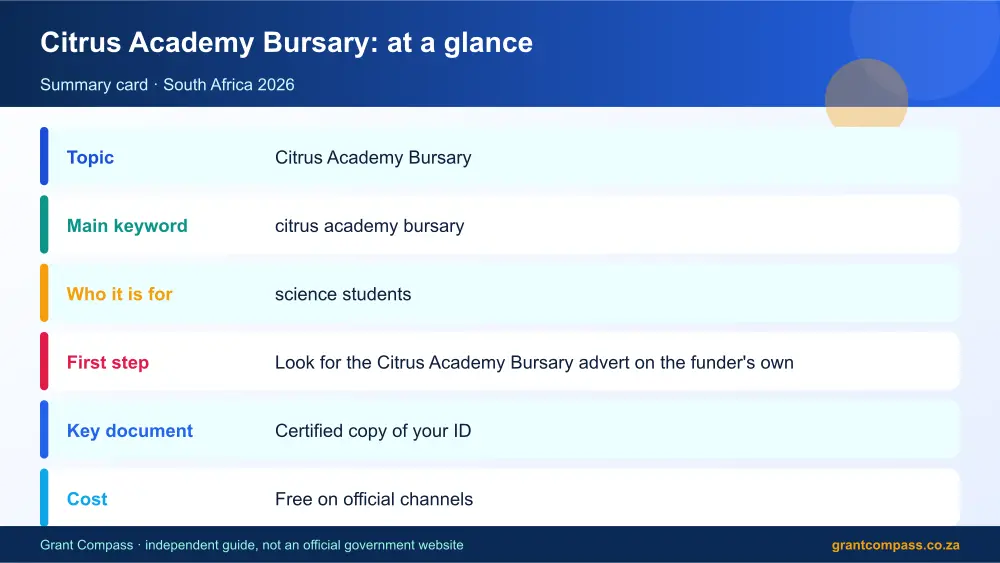 Citrus Academy Bursary at a glance summary infographic – citrus academy bursary South Africa 2026