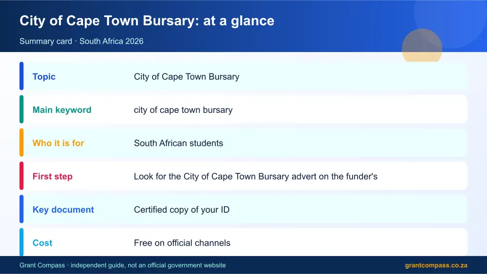 City of Cape Town Bursary at a glance summary infographic – city of cape town bursary South Africa 2026