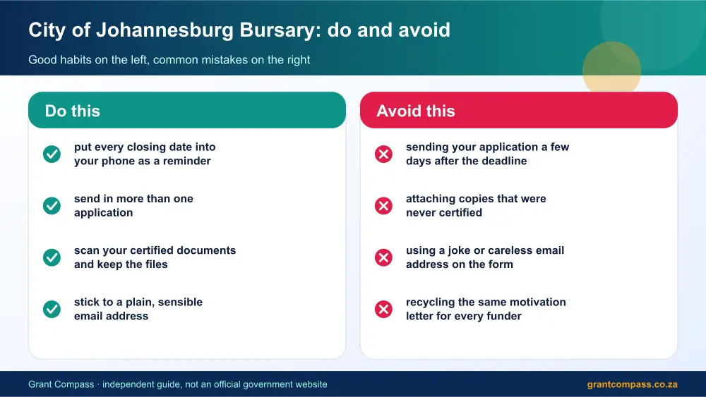 City of Johannesburg Bursary dos and donts infographic – city of johannesburg bursary South Africa 2026