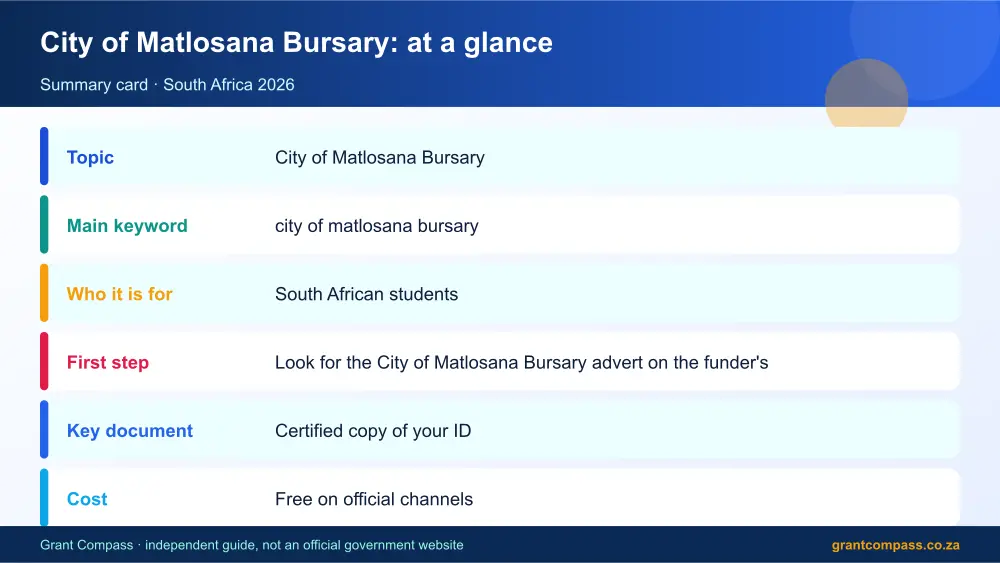 City of Matlosana Bursary at a glance summary infographic – city of matlosana bursary South Africa 2026