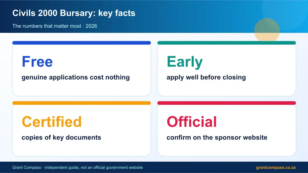 Civils 2000 Bursary key facts at a glance infographic – civil engineering bursaries South Africa 2026