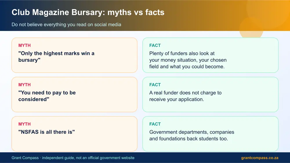 Club Magazine Bursary myths vs facts infographic – nersa bursaries 2026 South Africa 2026
