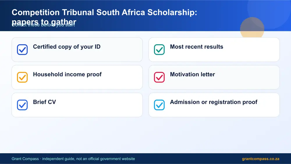 Competition Tribunal South Africa Scholarship required papers tick list infographic – competition tribunal scholarship bursary South Africa 2026