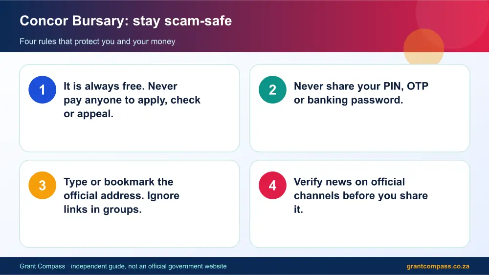 Concor Bursary stay safe from scams infographic – concor bursary South Africa 2026