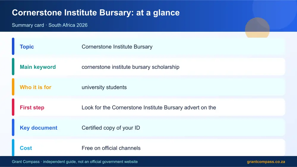 Cornerstone Institute Bursary at a glance summary infographic – cornerstone institute bursary scholarship South Africa 2026