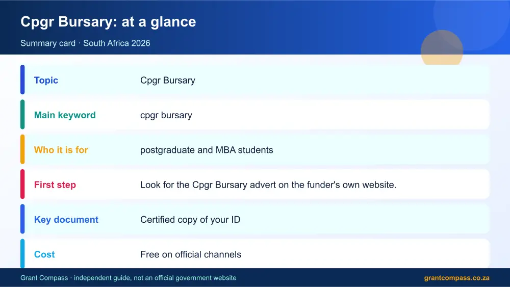 Cpgr Bursary at a glance summary infographic – cpgr bursary South Africa 2026