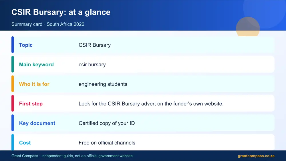 CSIR Bursary at a glance summary infographic – csir bursary South Africa 2026