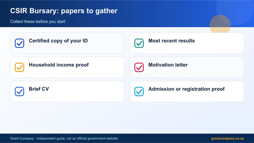 CSIR Bursary required papers tick list infographic – csir bursary South Africa 2026