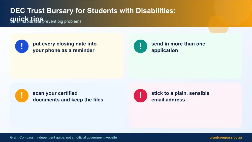 DEC Trust Bursary for Students with Disabilities quick tips cards infographic – dec trust bursary for students with disabilities South Africa 2026