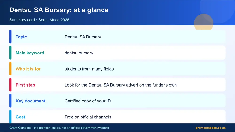 Dentsu SA Bursary at a glance summary infographic – dentsu bursary South Africa 2026