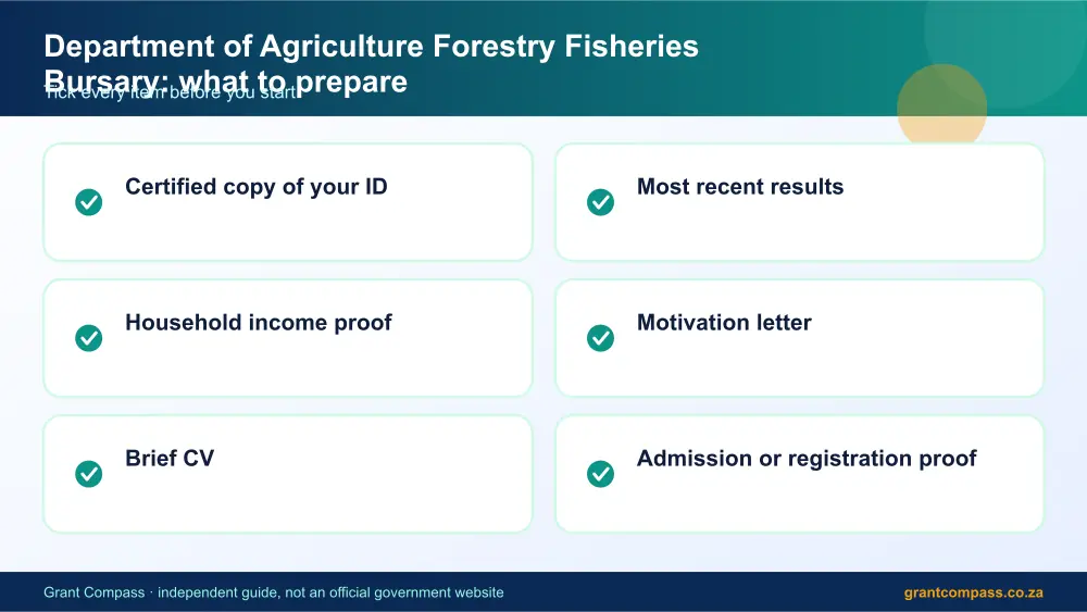 Department of Agriculture Forestry Fisheries Bursary documents checklist infographic – department of agriculture forestry fisheries bursary South Africa 2026
