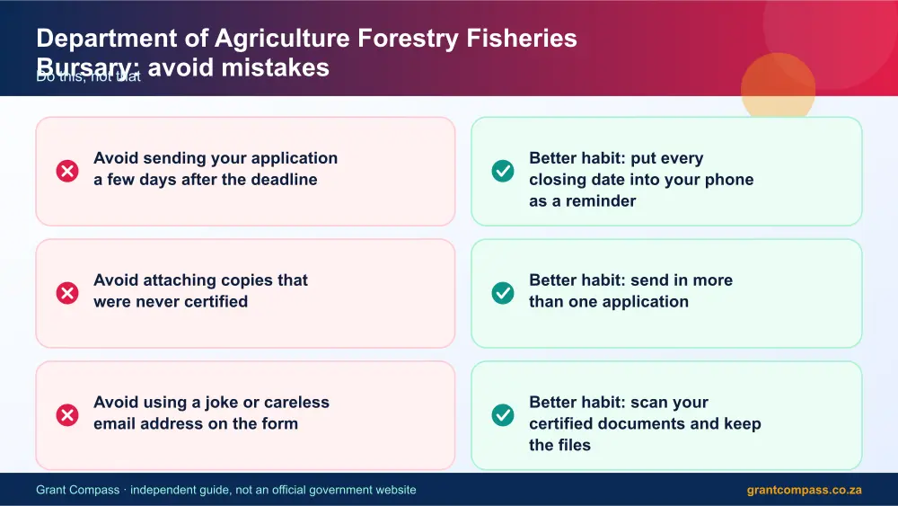 Department of Agriculture Forestry Fisheries Bursary mistakes to avoid and tips infographic – department of agriculture forestry fisheries bursary South Africa 2026