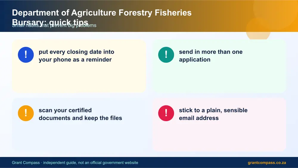 Department of Agriculture Forestry Fisheries Bursary quick tips cards infographic – department of agriculture forestry fisheries bursary South Africa 2026
