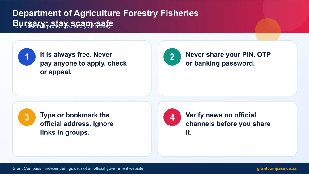 Department of Agriculture Forestry Fisheries Bursary stay safe from scams infographic – department of agriculture forestry fisheries bursary South Africa 2026
