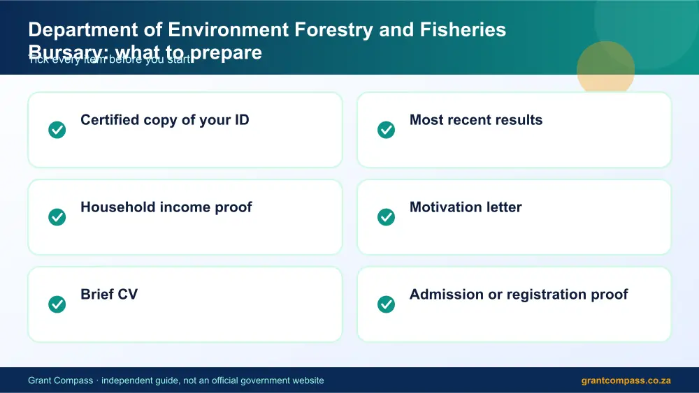 Department of Environment Forestry and Fisheries Bursary documents checklist infographic – dffe bursary South Africa 2026