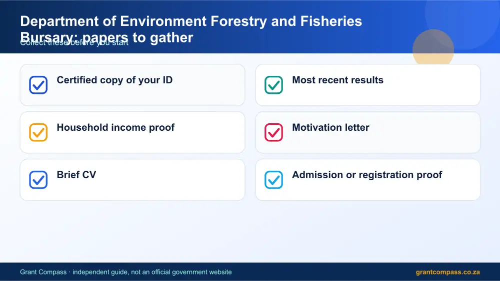 Department of Environment Forestry and Fisheries Bursary required papers tick list infographic – dffe bursary South Africa 2026