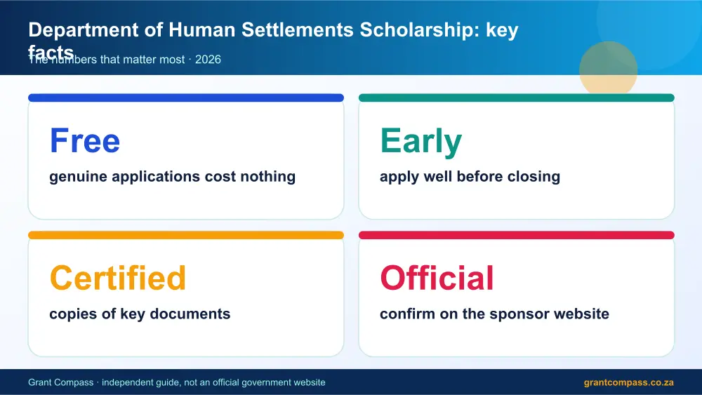 Department of Human Settlements Scholarship key facts at a glance infographic – department of human settlements scholarship bursary South Africa 2026
