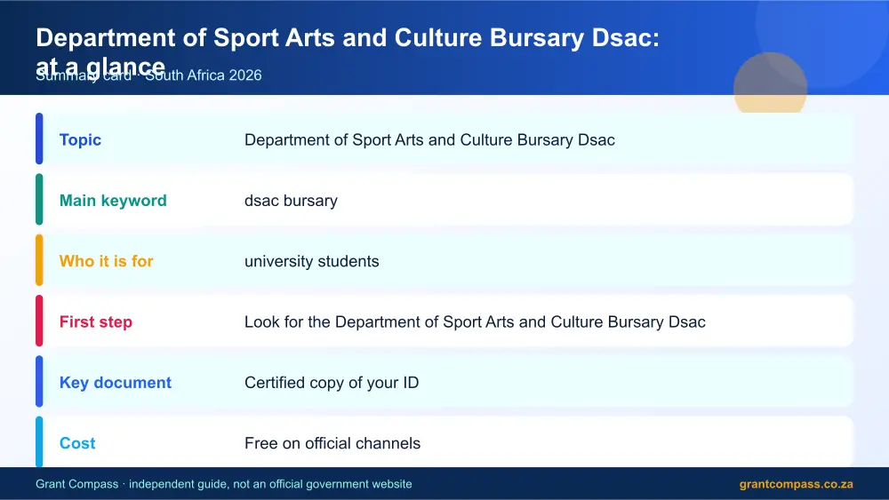 Department of Sport Arts and Culture Bursary Dsac at a glance summary infographic – dsac bursary South Africa 2026