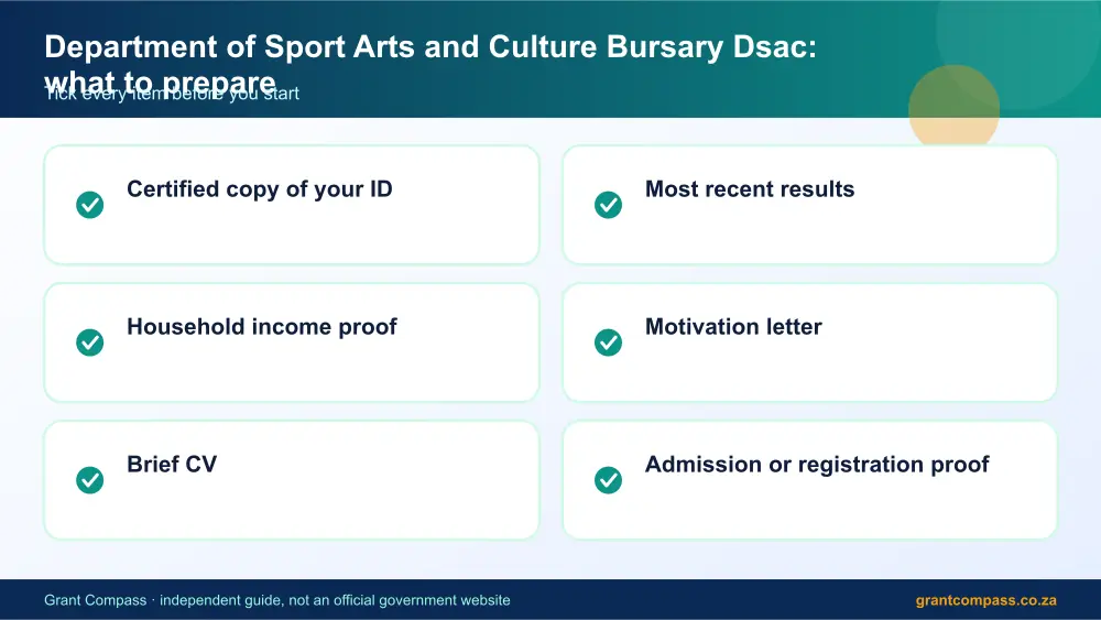 Department of Sport Arts and Culture Bursary Dsac documents checklist infographic – dsac bursary South Africa 2026