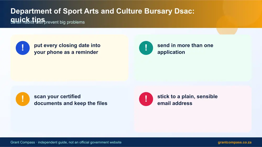 Department of Sport Arts and Culture Bursary Dsac quick tips cards infographic – dsac bursary South Africa 2026