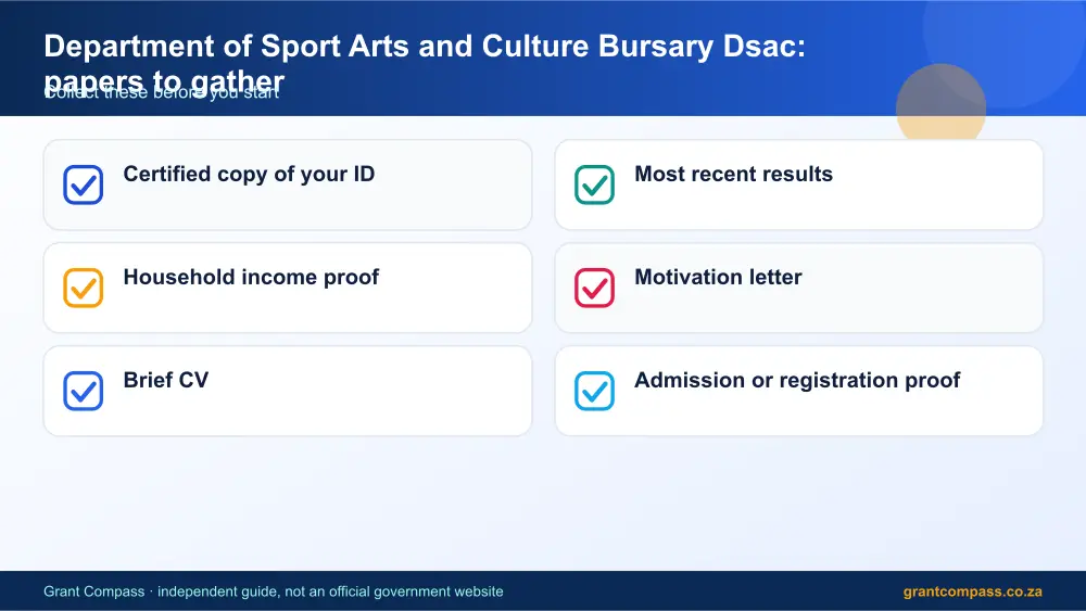 Department of Sport Arts and Culture Bursary Dsac required papers tick list infographic – dsac bursary South Africa 2026