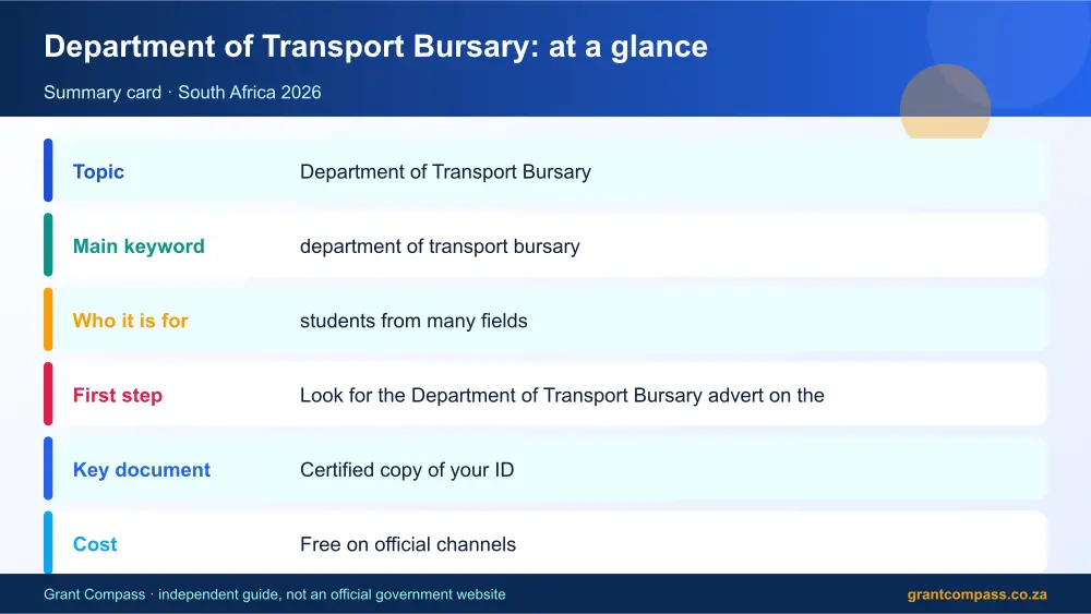 Department of Transport Bursary at a glance summary infographic – department of transport bursary South Africa 2026