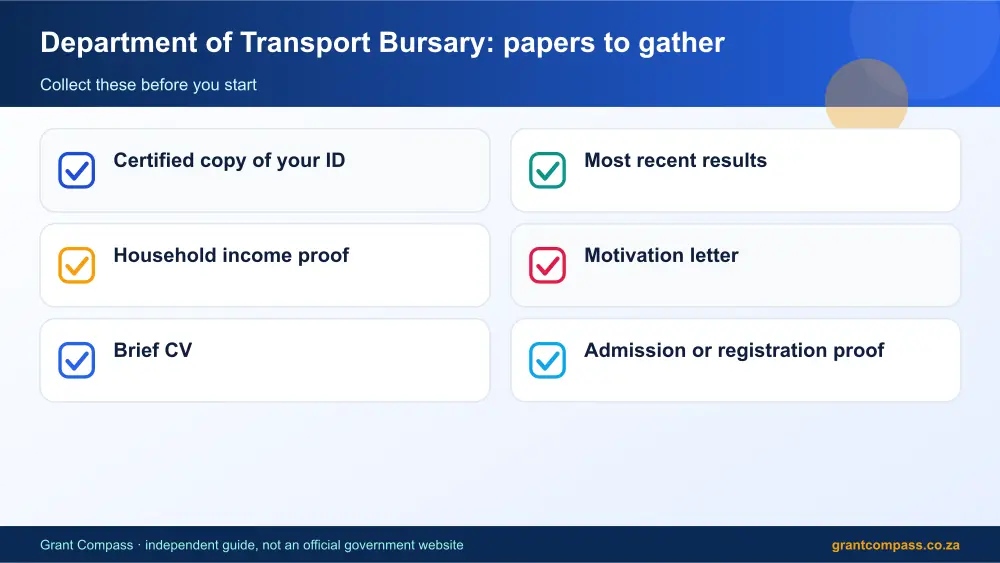 Department of Transport Bursary required papers tick list infographic – department of transport bursary South Africa 2026