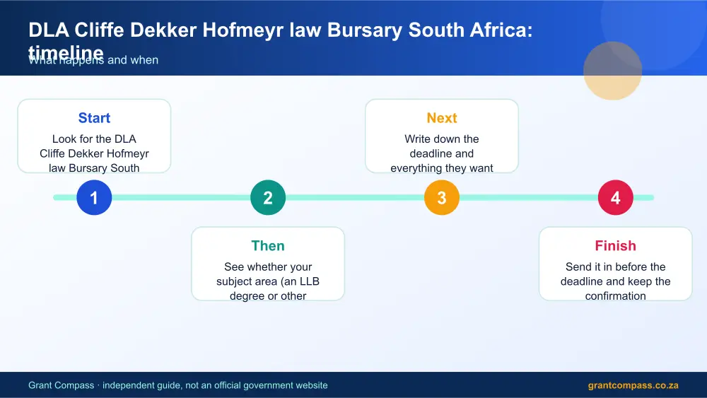 DLA Cliffe Dekker Hofmeyr law Bursary South Africa process timeline infographic – cliffe dekker hofmeyr bursary South Africa 2026