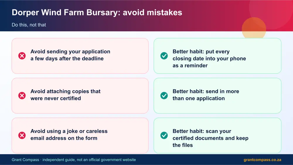 Dorper Wind Farm Bursary mistakes to avoid and tips infographic – dorper wind farm bursary South Africa 2026