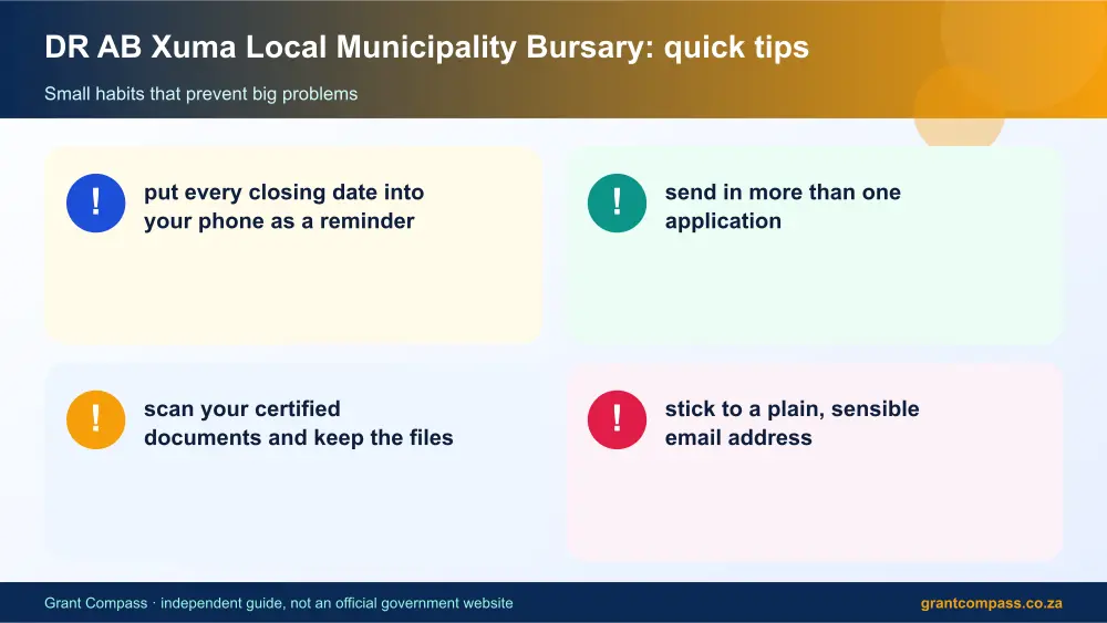 DR AB Xuma Local Municipality Bursary quick tips cards infographic – dr ab xuma local municipality bursary South Africa 2026