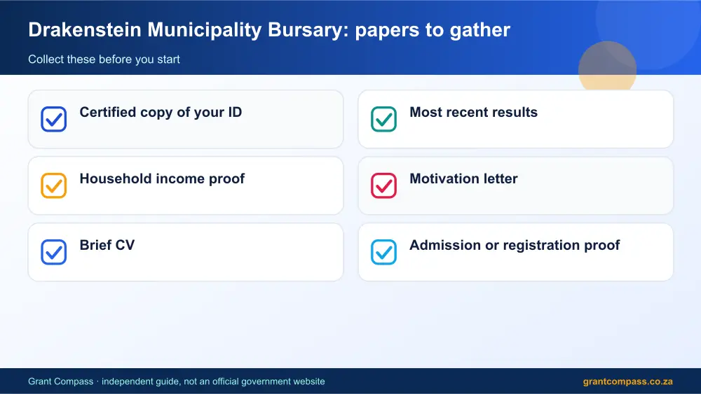 Drakenstein Municipality Bursary required papers tick list infographic – drakenstein municipality bursary South Africa 2026